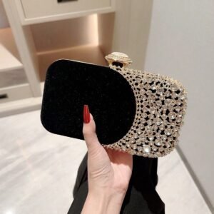 Crystal Velvet Evening Clutch – Gold & Black